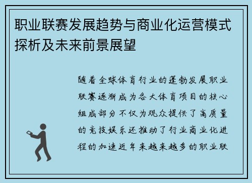 职业联赛发展趋势与商业化运营模式探析及未来前景展望